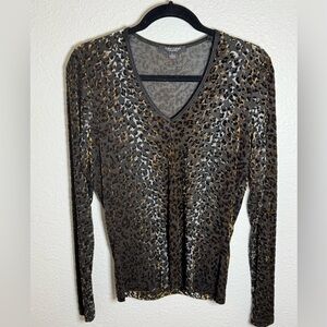 Karen Kane Leopard Print Semi Sheer V-Neck Long Sleeve Top size Large
